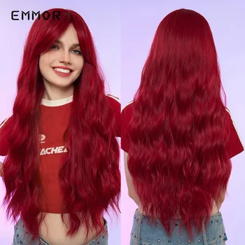 Emmor Long, Винно-красный, бордовый, Вьющиеся синтетические парики с длинной челкой для женщин, Глубокая волна, косплей, вечеринка, выдерживающие естественное тепло волосы