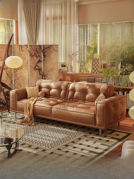 Кожаный диван Ретро Прямой импортный блок из воловьей кожи Тофу для гостиной Американский кожаный диван