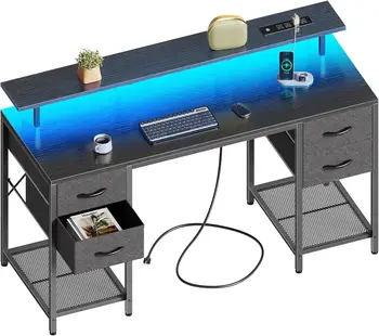 55-дюймовый Компьютерный стол Huuger с 4 Выдвижными ящиками, Игровой стол со Светодиодной Подсветкой и Розетками, Домашний Офисный стол с Большим Местом для хранения вещей.