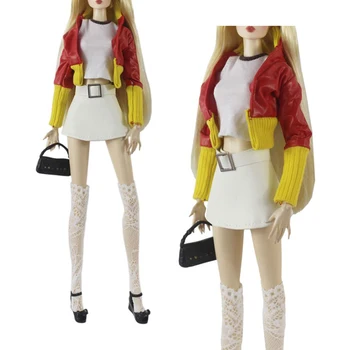 1 комплект одежды для кукол, модная контрастная кожаная куртка, короткая куртка, костюм с короткой юбкой