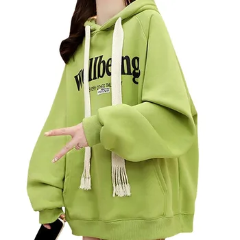 Высококачественные Зимние флисовые толстовки с буквенным принтом, женская толстовка, Пуловер с длинными рукавами, сохраняющая тепло, Зеленое женское пальто, мода