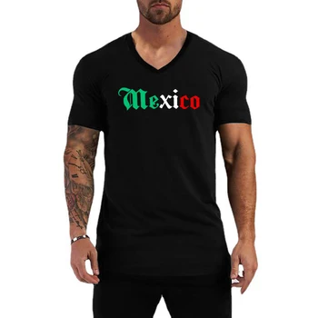 Модная футболка с V-образным вырезом и коротким рукавом с буквенным принтом в Мексике для мужчин, летняя хлопковая приталенная повседневная спортивная футболка, одежда для фитнеса