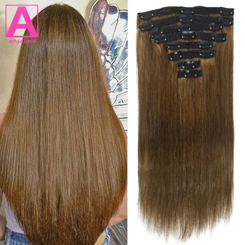 Прямая Заколка Для Наращивания Волос Средний Светло-Коричневый 100% Человеческие Волосы 18 Дюймов 120 г # 6 8ШТ Наращивание Волос 16-26 дюймов для Женщин