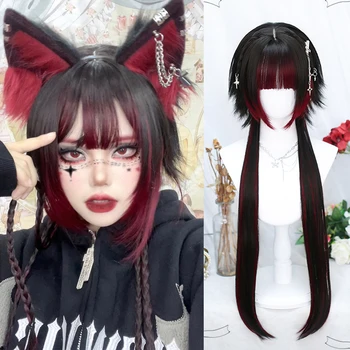 Синтетический Длинный прямой парик LANLAN с челкой, милый черно-красный парик для вечеринок в стиле Лолиты Harajuku Y2K на каждый день