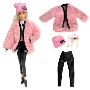 NK 1 комплект, модная одежда принцессы, белый низ, Черные брюки, Розовая шуба + шляпа, повседневная одежда для куклы Барби, аксессуары, подарочная игрушка для девочек