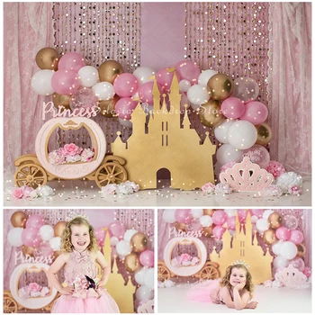 Фон для фото принцессы на День рождения, Розовый Воздушный шар, Украшение замка, Разбитый торт, Фон для фотосъемки, Реквизит для фотостудии