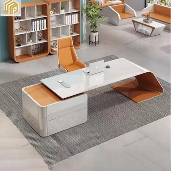 Окрашенный стол босса, простая современная комбинация белого стола офис-менеджера и стула