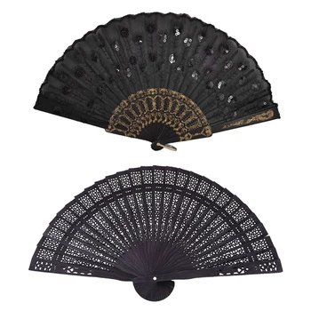 Складной ручной вентилятор с цветочной вышивкой в черной пластиковой рамке и 8-дюймовым китайско-японским складным вентилятором черного цвета