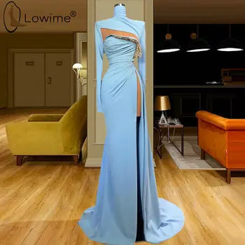 Светло-голубые Мусульманские вечерние платья с длинным рукавом 2020 С высоким воротом Русалка Вечернее Женское платье Дубай Длинные Халаты Vestidos De Soiree