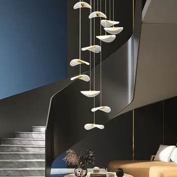 Современная светодиодная акриловая лестничная люстра, Роскошный дизайн с золотой крошкой, длинные подвесные светильники, Простые домашние светильники для кухни