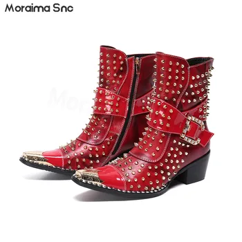 Индивидуальные ботинки с заклепками и пряжкой на ремне, железный квадратный носок, красные, черные Кожаные ботинки на высоком квадратном каблуке, трендовые мужские ботинки