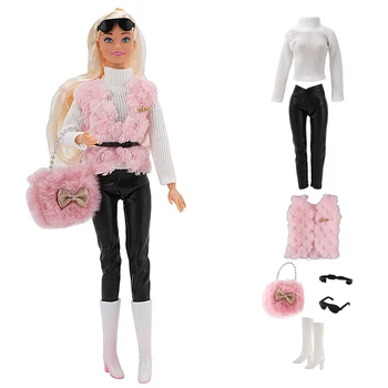 1 Комплект одежды ручной работы, модный наряд на каждый день, розовое пальто, свитер, сумка, ботинки, костюм, аксессуары для куклы Барби