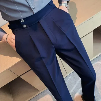 2023 Высококачественные деловые повседневные драпированные брюки с высокой талией, мужские однотонные официальные брюки, Мужские официальные офисные брюки для светского костюма.
