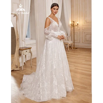Богемное свадебное платье с V-образным вырезом и рукавом-фонариком, Викторианское платье невесты, Изысканное кружевное платье придворного пошива, платья для женщин 2023
