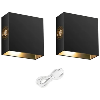 2 комплекта сенсорного настенного светильника USB Перезаряжаемый ночник Алюминиевый магнитный настенный светильник черный (белый свет)