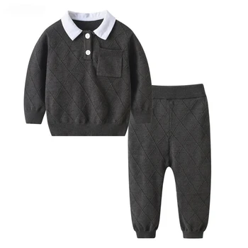 2023 Вязаный комплект из двух предметов для мальчиков, Детская осенне-зимняя трикотажная рубашка Поло + Длинные брюки, Детский вязаный свитер, топы + плавки