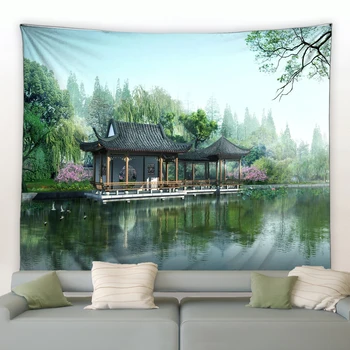 Пейзаж в китайском стиле, гобелен, парк, сад, Зеленое растение, Настенный декор для дома, гостиной, спальни, Эстетичный Милый коврик-одеяло