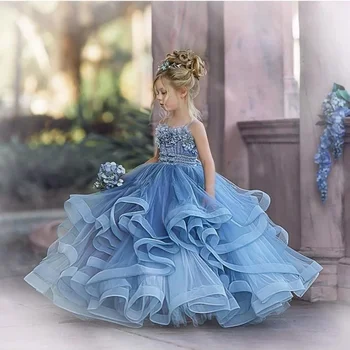 Пыльно-голубые платья для девочек-цветочниц на свадьбу, свадебное платье для детей, праздничные платья, платье для Первого причастия из тюля с оборками