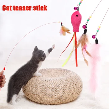 Интерактивная игрушка-кошка, Забавная имитация рыбы из перьев с колокольчиком, игрушки-палочки для котенка, играющего в Тизерную игрушку-палочку