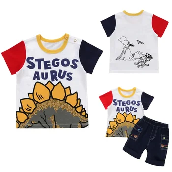 Детская футболка с короткими рукавами для японских мальчиков и девочек с буквенным принтом динозавра в виде цветного блока 2023