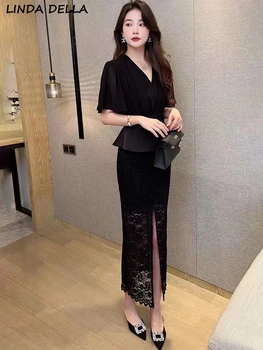 LINDA DELLA Летнее модное дизайнерское Винтажное кружевное платье в стиле пэчворк, женское длинное платье с V-образным вырезом и оборками, черное, с разрезом, облегающее ягодицы.
