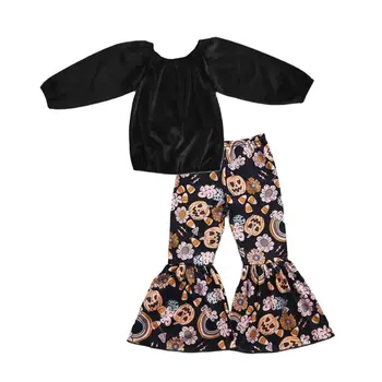 Оптовая Продажа, Комплект для Хэллоуина для маленьких девочек, черные бархатные топы с длинными рукавами и цветочным рисунком в виде тыквы, расклешенные брюки для малышей, детская одежда для малышей