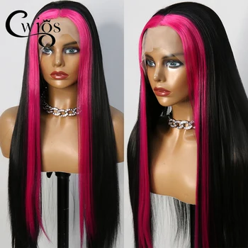 Черные длинные прямые волосы подчеркивают обе стороны розово-красного женского синтетического парика Омбре с длинными прямыми волосами для ежедневного использования в косплее