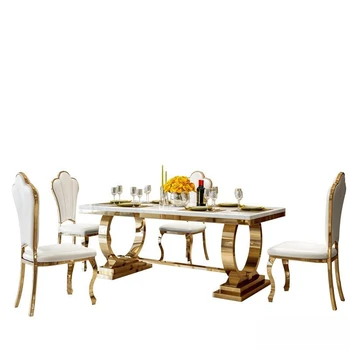Светлый роскошный мраморный обеденный стол, бытовая комбинация прямоугольного глянцевого каменного стола и стула из нержавеющей стали