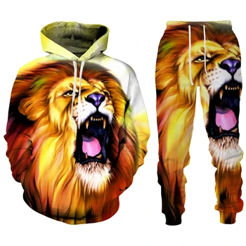 Трендовые комплекты мужских спортивных костюмов с 3D принтом Animal The Lion, повседневная толстовка и брюки, комплекты из 2 предметов, толстовка оверсайз, модная мужская одежда