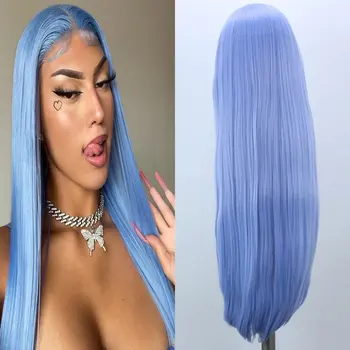 Потрясающие Светло-Голубые Синтетические парики на кружеве без клея из прямого Термостойкого волокна, Предварительно Выщипанные по линии роста волос Детские Волосы Для женщин