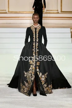 Черный арабский кафтан, платье для выпускного вечера с длинным рукавом для женщин, дизайн кармана, аппликация Gillter, Вечернее платье знаменитости для подиума
