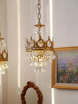 Хрустальная люстра из французской латуни в стиле ретро, Медная Корона, Прикроватная тумбочка для спальни, Прихожая, Гостиная, Люстра для гардеробной