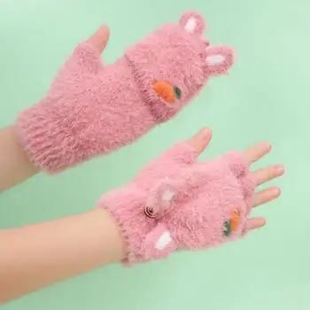 Перчатки с кроликом, уютные зимние перчатки с мультяшным кроликом, вязаные для детей, Теплая плюшевая накидка на полпальца из искусственного меха Норки, Студенческие перчатки