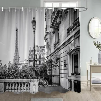 Винтажные городские занавески для душа, природа, уличная архитектура, черно-белая Парижская башня, ткань для штор для ванной, декор ванной комнаты с крючками