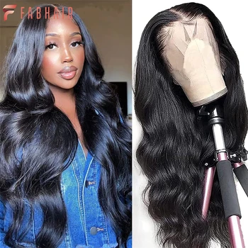 FABHAIR 13x4 HD Прозрачные кружевные фронтальные парики из человеческих волос для чернокожих женщин, бесклеевые парики 180% плотности, предварительно выщипанные человеческие волосы