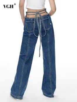 VGH Однотонные джинсовые брюки с темпераментом Для женщин, Высокая талия, лоскутная шнуровка, Необработанный подол, Прямые джинсы, женская модная одежда 2023 года