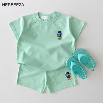 Летний комплект детской одежды для новорожденного мальчика, комбинезон, комбинезон с рисунком Медведя, комбинезон для малышей, мужская одежда, 2 шт.