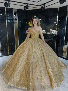 Золотое бальное платье, вечерние платья с длинным рукавом и V-образным вырезом, аппликации из бисера, 3D Кружевные оборки, блестящие платья для выпускного вечера на заказ