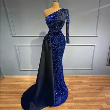 Элегантное вечернее платье королевского синего цвета с блестками, вечерние платья с длинным рукавом на одно плечо, длинное свадебное платье для вечеринки, платье Русалки для выпускного вечера
