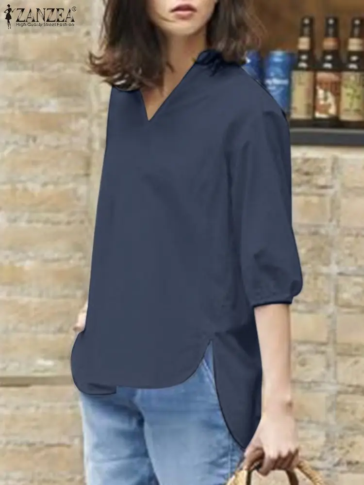 2023 ZANZEA Летняя модная женская блузка, женская рубашка с коротким рукавом и V-образным вырезом, женская сорочка с разрезным подолом, Элегантные повседневные однотонные топы