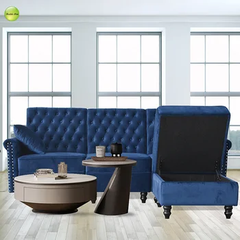 высококачественная мебель для гостиной новый классический диван из синего бархата moduler на 3 места и пуфик с местом для хранения оптом из США