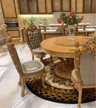 Роскошный европейский круглый стол и обеденный стул, неоклассическая комбинация обеденного стола и стула из массива дерева