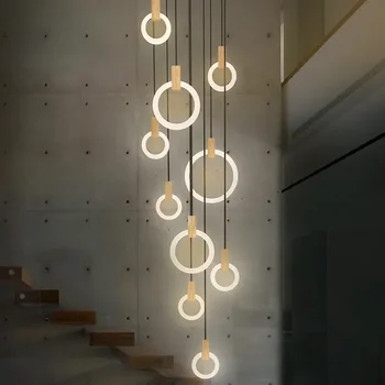 Современная светодиодная лестничная люстра в скандинавском стиле для гостиной, потолочные подвесные светильники для спальни, акриловые кольца, светильники, Деревянные подвесные светильники