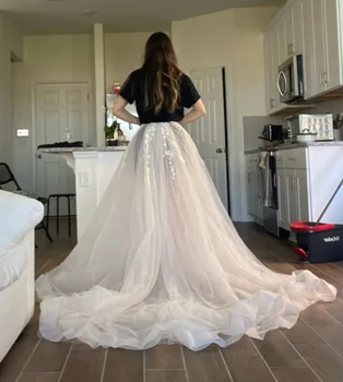 Длинная Свадебная Съемная юбка для свадебного платья С кружевными аппликациями, Верхняя юбка из мягкого 4-слойного тюля, Аксессуары на заказ, Нижняя юбка