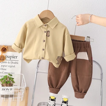 Весенне-осенние комплекты детской одежды для маленьких мальчиков Рубашка Брюки Костюм из 2 предметов с мультяшным медведем Детская одежда Наряды Детский костюм