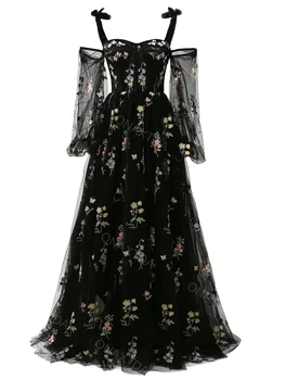 Платье для выпускного вечера из тюля с цветочной вышивкой и длинными рукавами для женщин, вечернее платье трапециевидной формы на тонких бретельках, коктейльное платье ON33