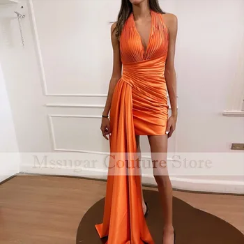2021 Новые Оранжевые платья Русалки для выпускного вечера с V-образным вырезом, атласное вечернее платье в Африканскую складку, сшитое на заказ