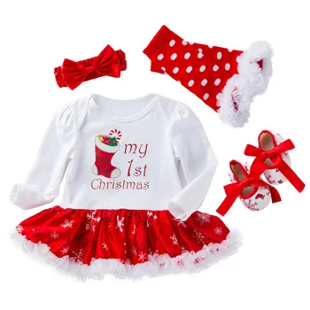 Рождественская одежда для малышей с длинным рукавом, 1 комплект из Четырех предметов, Комбинезон для Новорожденных, платье-пачка для девочек, Костюмы, Новогодняя одежда в виде Снежинки, 3-24 м
