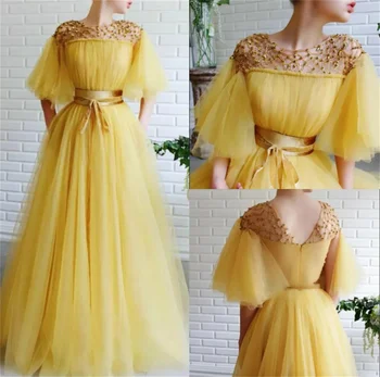 2024 Дизайнерские желтые платья для выпускного вечера с драгоценным вырезом трапециевидной формы длиной до пола, расшитое кристаллами вечернее платье, вечерние платья