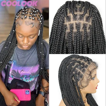 Синтетические полностью кружевные плетеные парики в коробке для чернокожих женщин с косами крест-накрест Кружевные передние парики с косами 36 